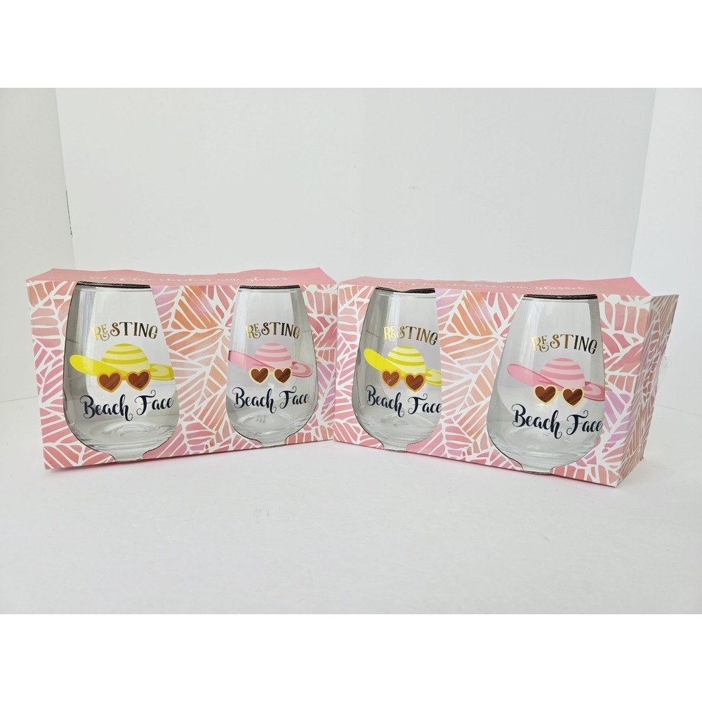 New Stemless wine glasses‎ Summer Resting Beach Face set of 4 NEW